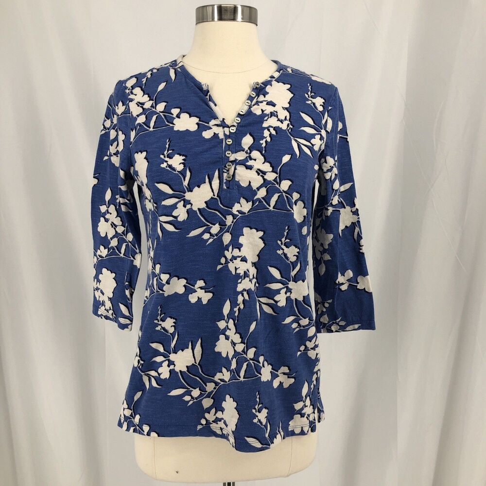 CHICO'S Womens Shirt Size 0 Small Blue V-Neck Cotton Floral 3/4 Sleeve Top